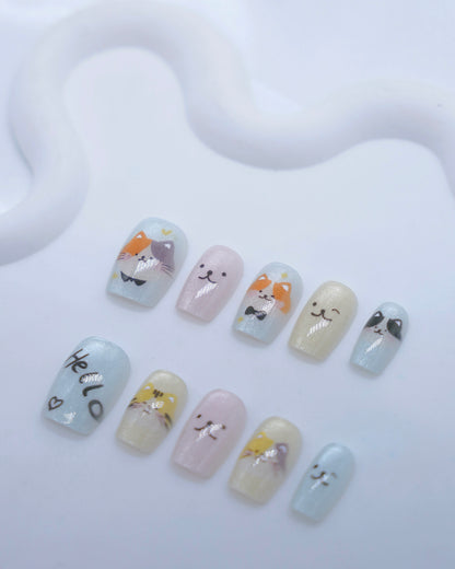 Short Coffin Cateye Colorful Cute Kitty Press On Nails