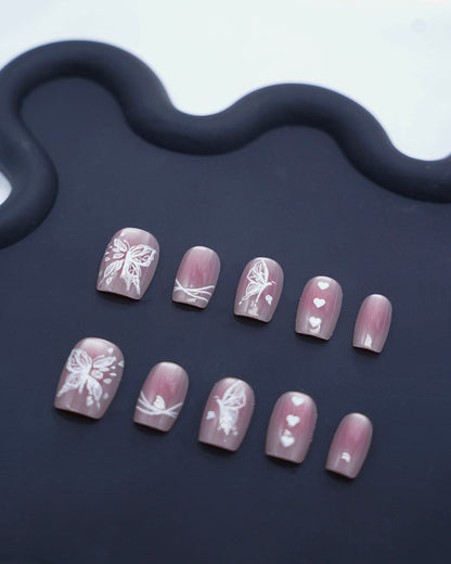 Short Coffin Cateye Pink Embossed Butterfly Press On Nails