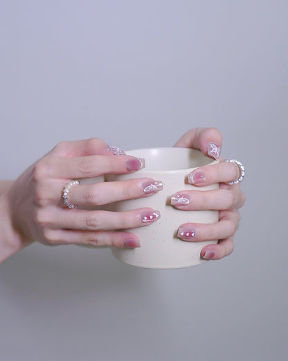 Short Coffin Cateye Pink Embossed Butterfly Press On Nails