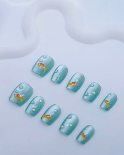 Short Coffin Cateye 3D Embossed Blue Goldfish Press On Nails