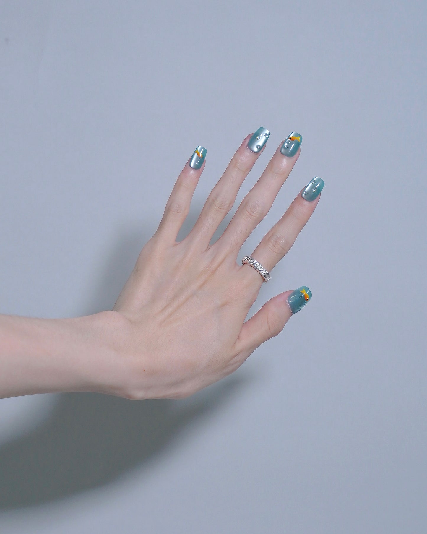 Short Coffin Cateye 3D Embossed Blue Goldfish Press On Nails