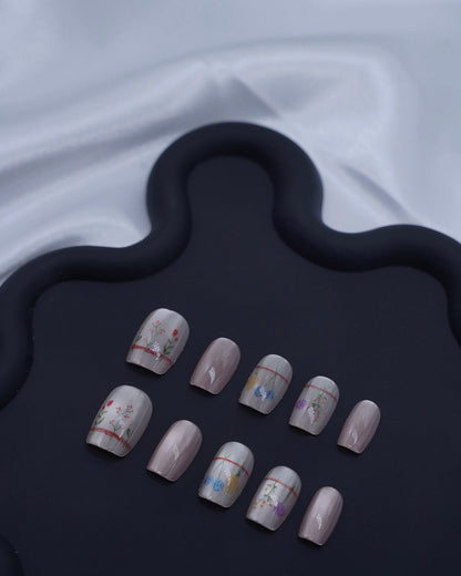 Short Coffin Cateye Pink Flower Press On Nails