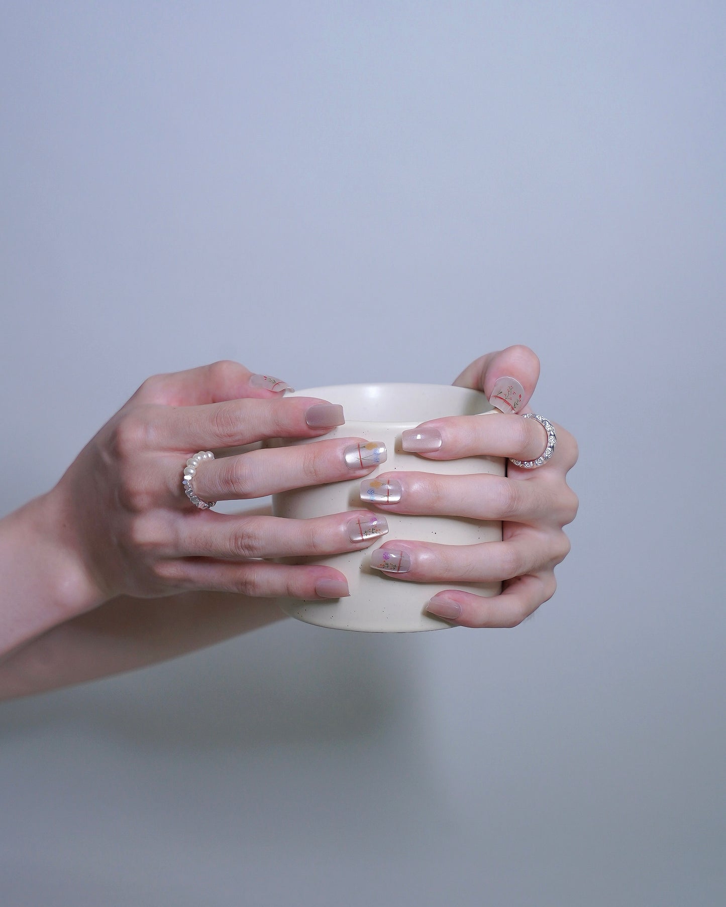 Short Coffin Cateye Pink Flower Press On Nails