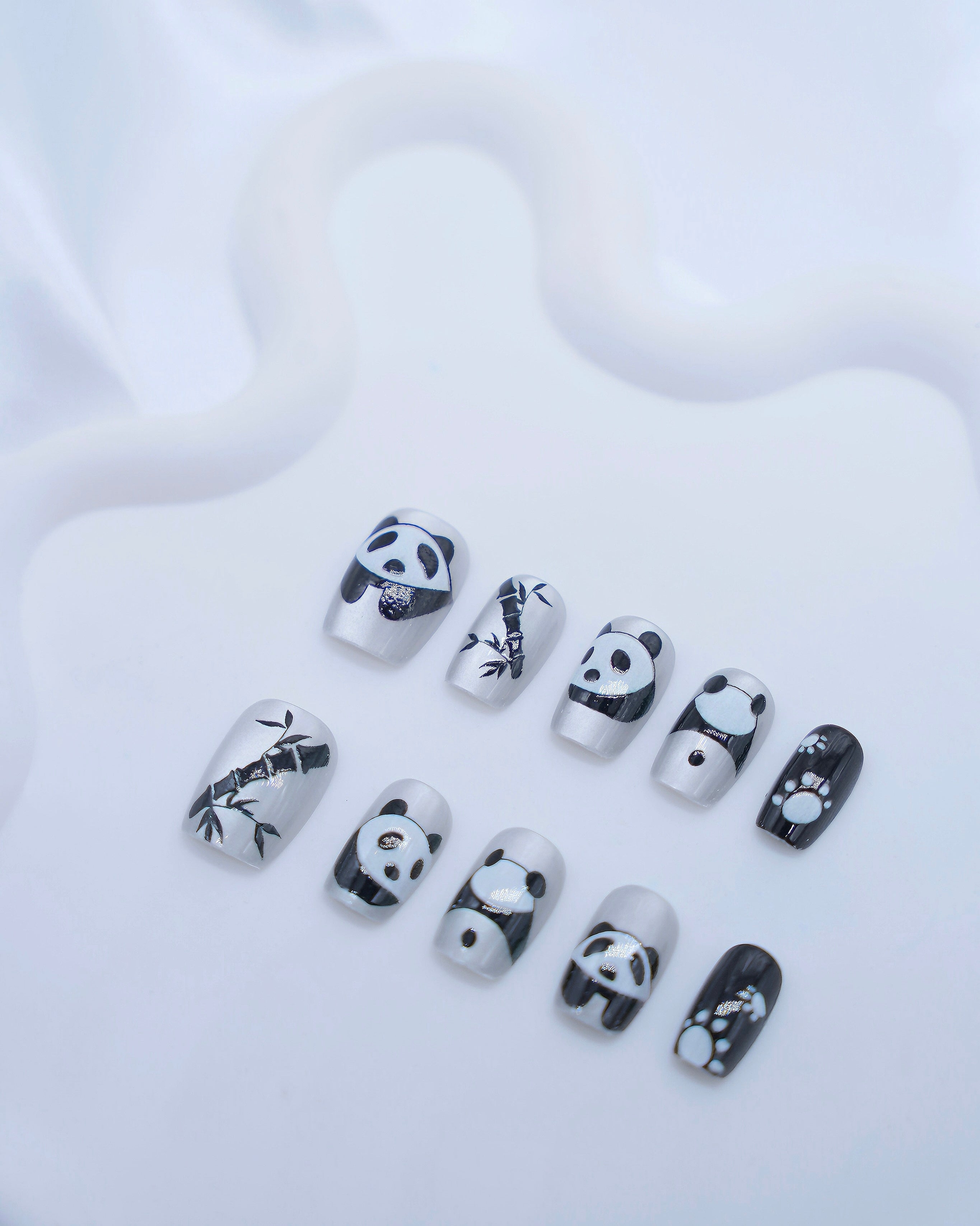 Panda Nail File Short Coffin Cateye White Embossed Cute Panda & Bamboo Press On Nails ...