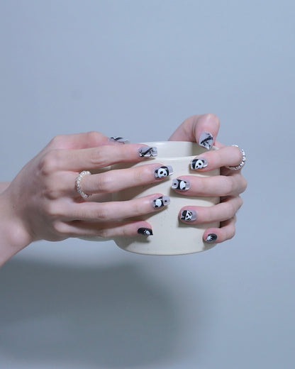 Short Coffin Cateye White Embossed Cute Panda & Bamboo Press On Nails