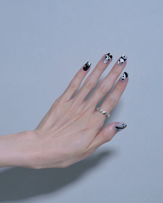 Short Coffin Cateye White Embossed Cute Panda & Bamboo Press On Nails