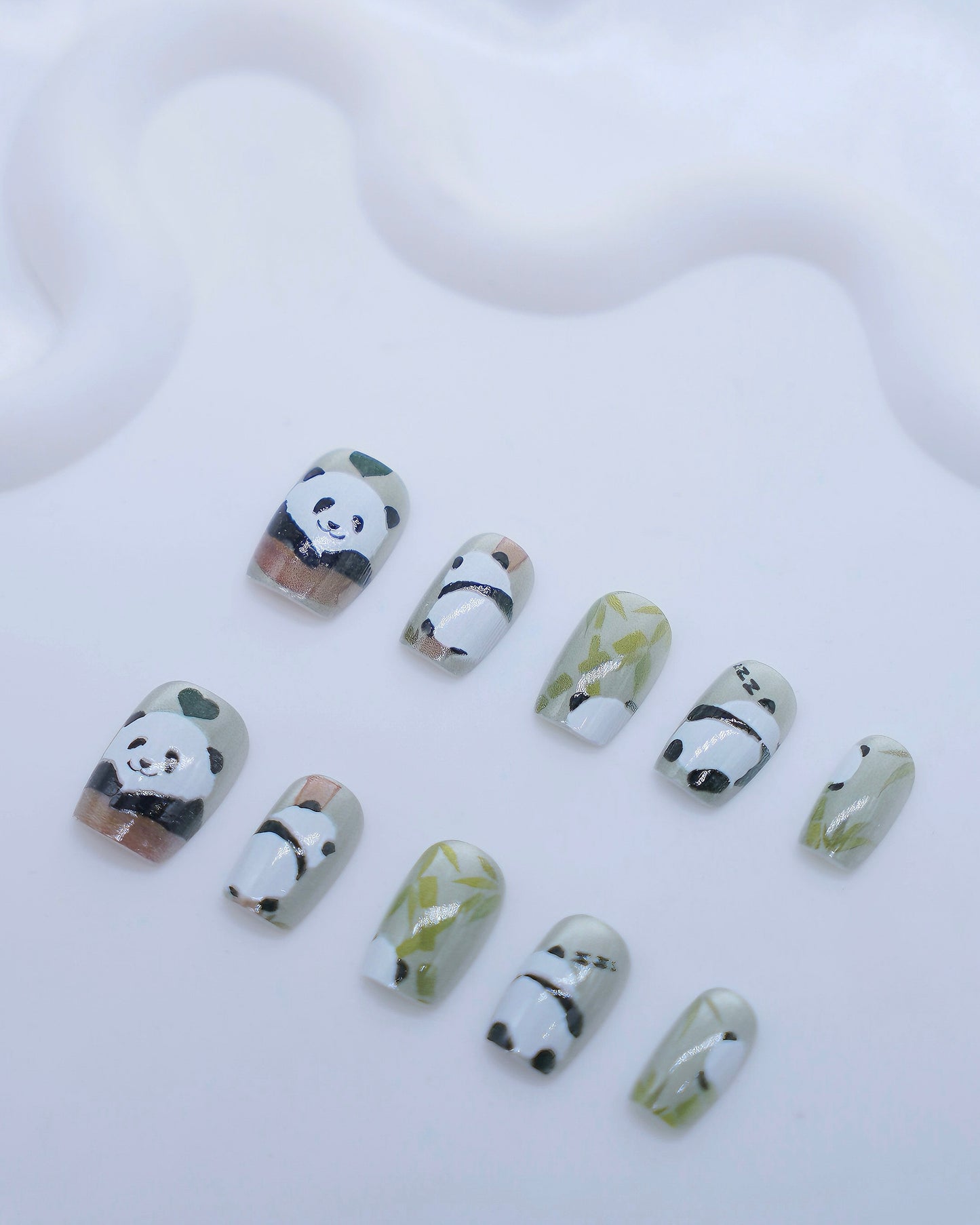 Short Coffin Cateye Green Embossed Cute Panda & Bamboo Press On Nails