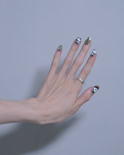 Short Coffin Cateye Green Embossed Cute Panda & Bamboo Press On Nails