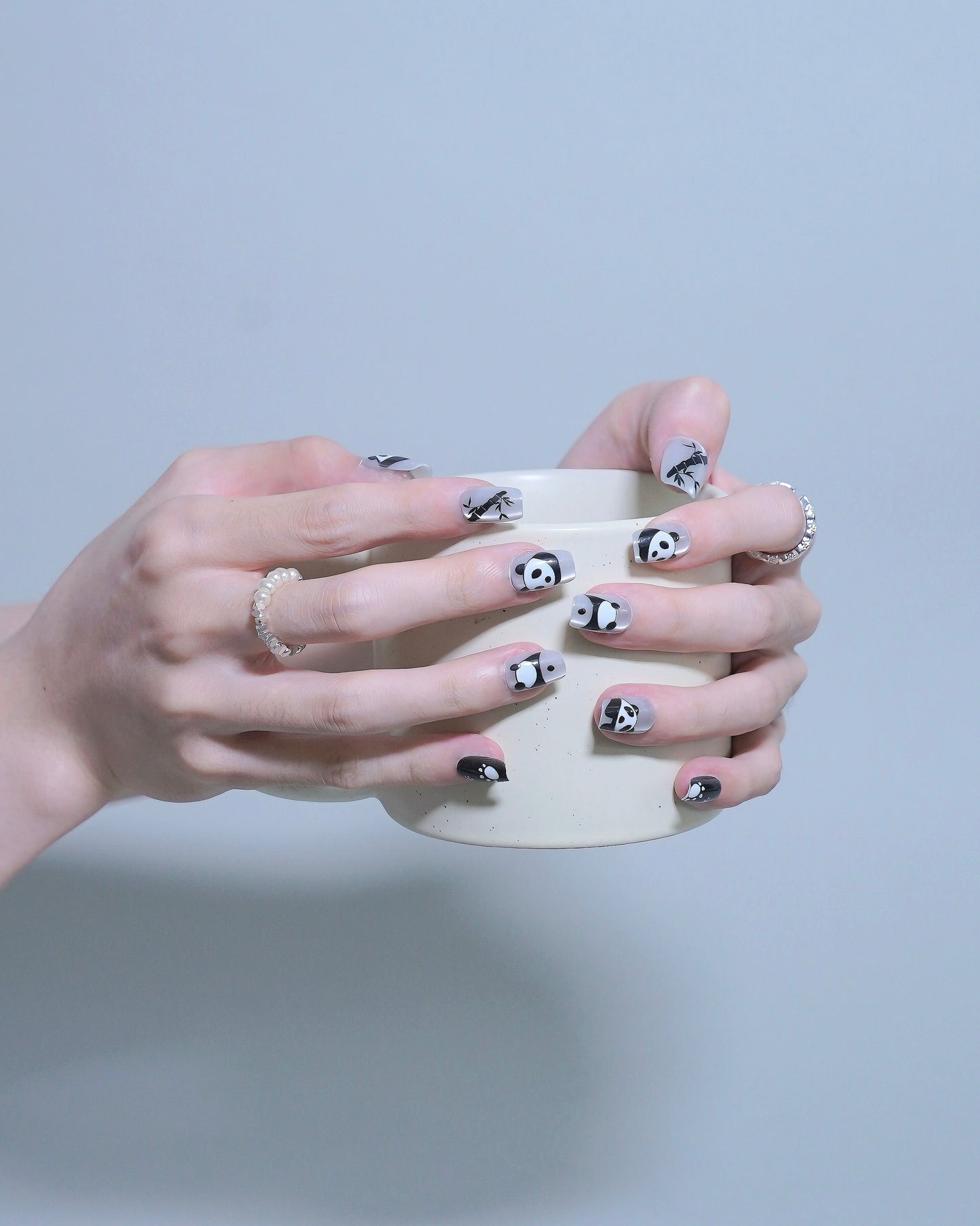 Short Coffin Cateye White & Black Cute Kitty Press On Nails