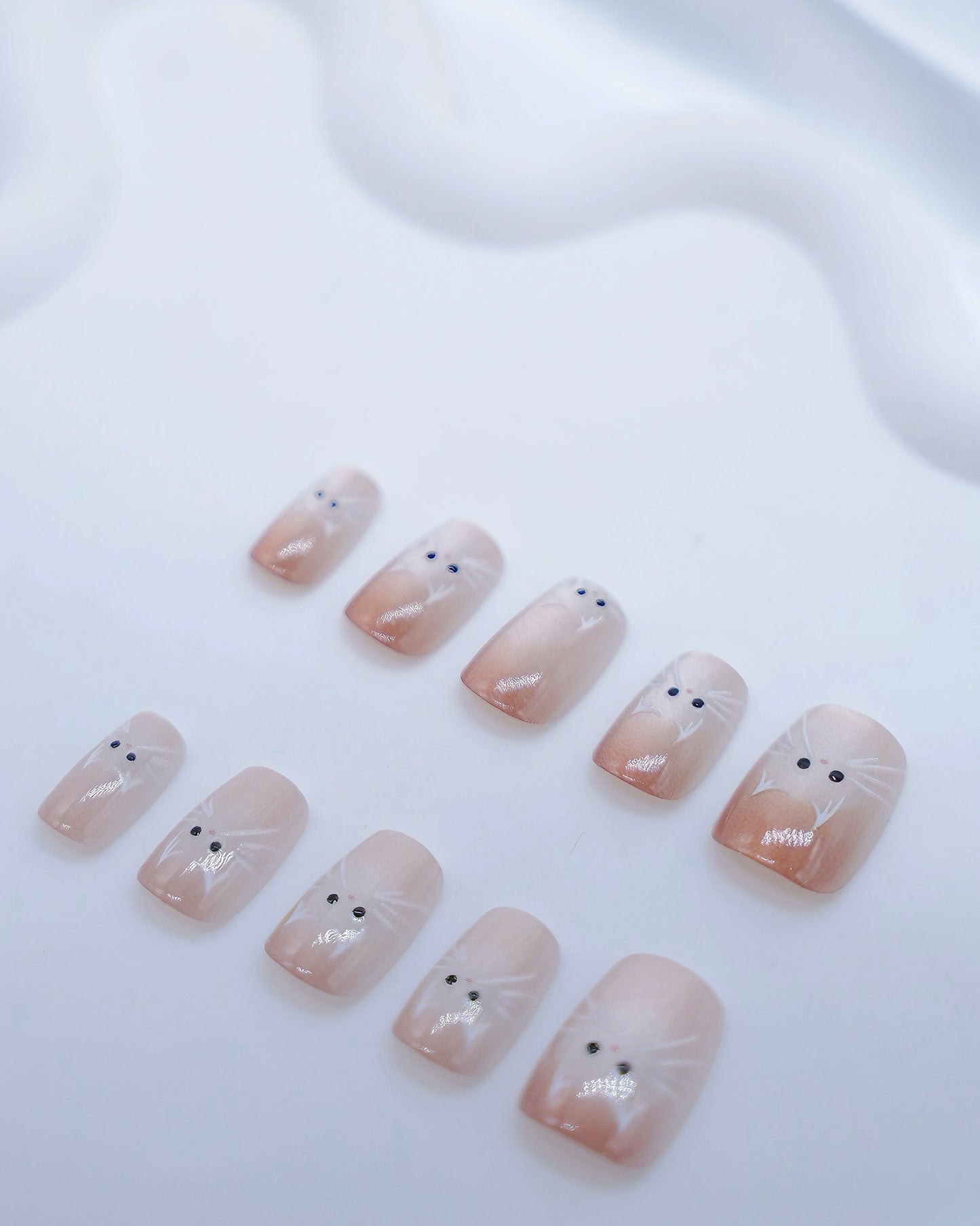 Short Coffin Cateye Pink Cute Kitty Press On Nail