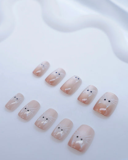 Short Coffin Cateye Pink Cute Kitty Press On Nail