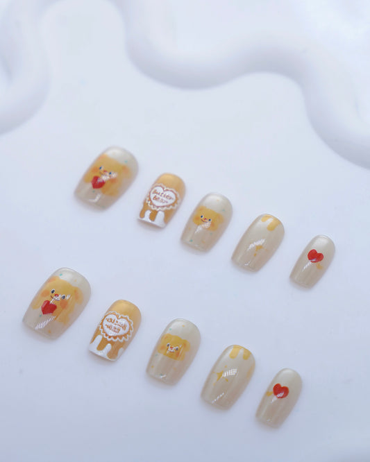 Short Coffin Cateye Gold Embossed Cute Bear & Heart Press On Nails