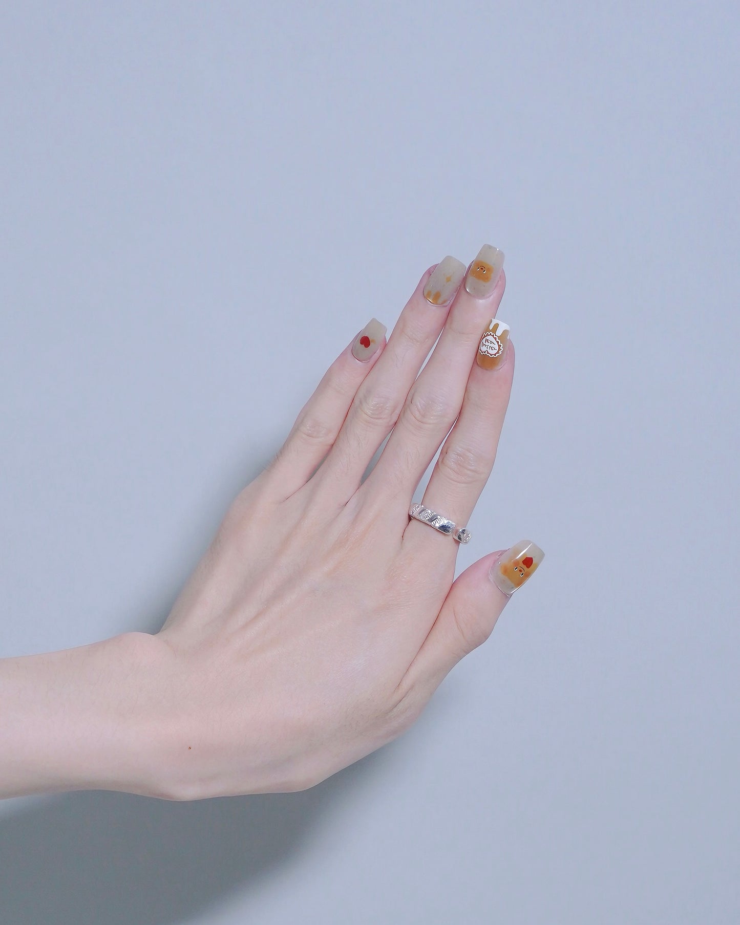 Short Coffin Cateye Gold Embossed Cute Bear & Heart Press On Nails