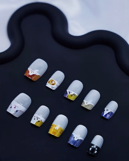 Short Coffin Cateye White Cute Kitties Press On Nails