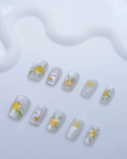 Short Coffin Cateye White & Yellow Cute Rabbit Press On Nails