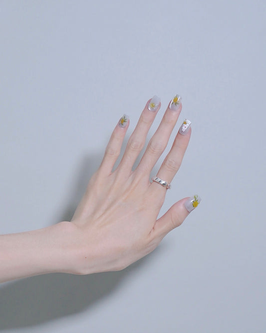 Short Coffin Cateye White & Yellow Cute Rabbit Press On Nails