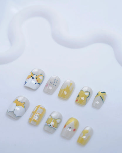 Short Coffin Cateye Yellow Cute Corgi Press On Nails