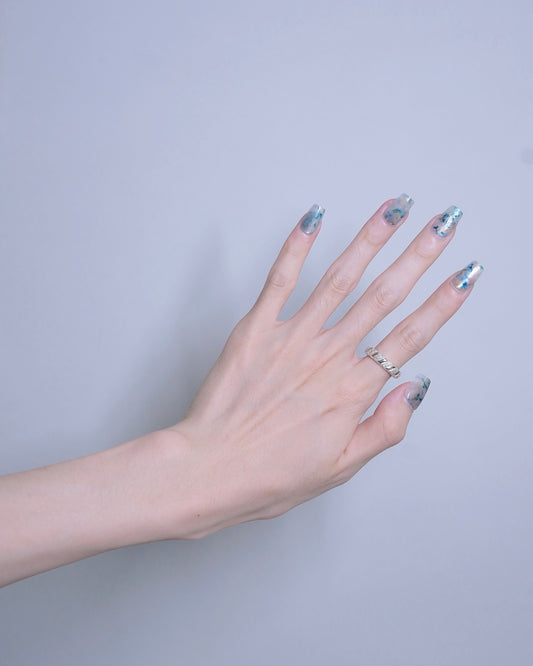 Short Coffin Cateye Blue Flower Press On Nails