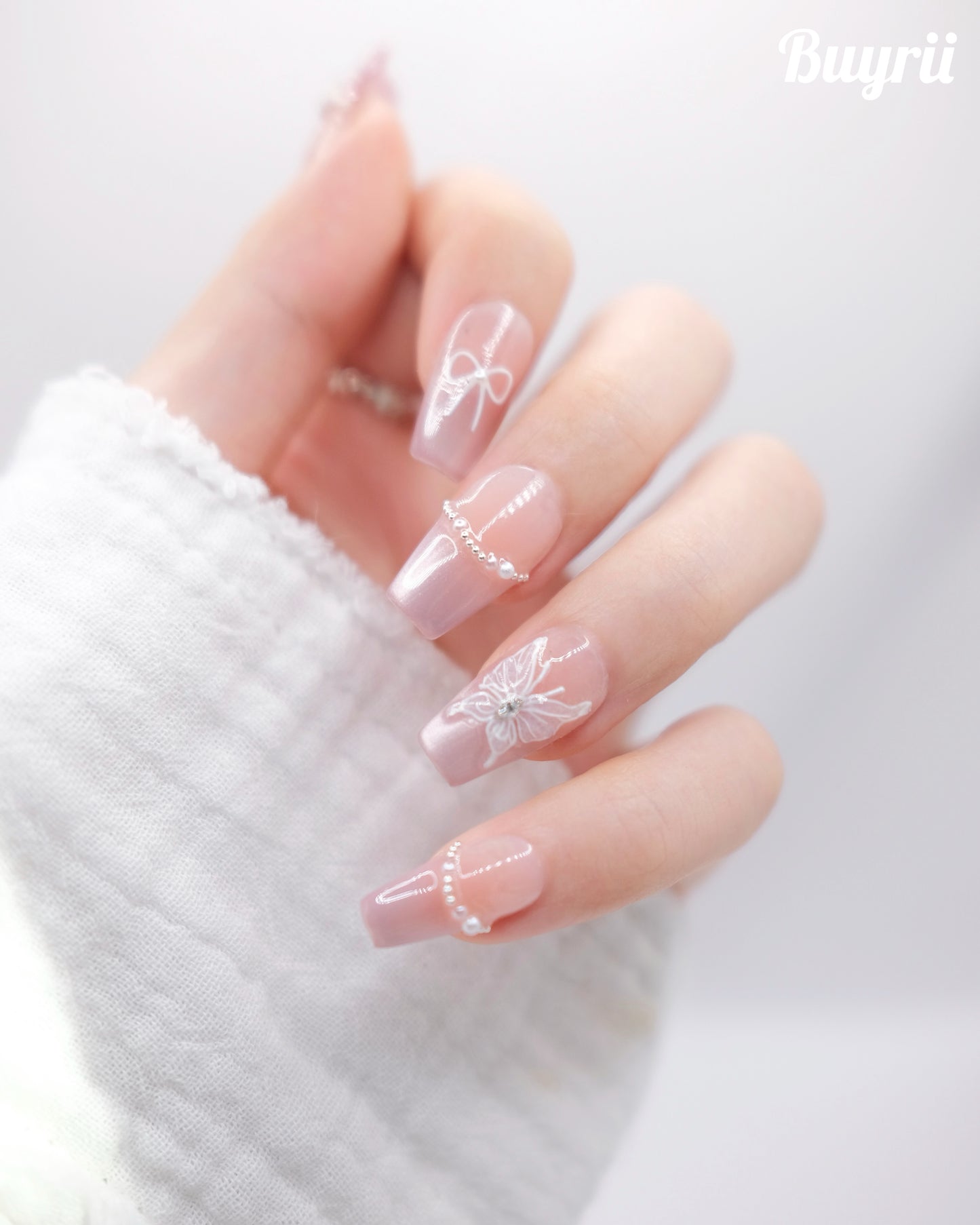 Mid-Long Coffin Pink Cateye Butterfly Press On Nails