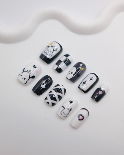 Short Coffin Black & White Anime Pochacco Press On Nails
