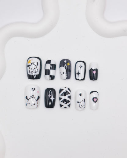 Short Coffin Black & White Anime Pochacco Press On Nails