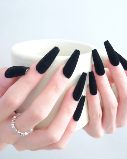 Extra Long Coffin Black Velvet Press On Nails