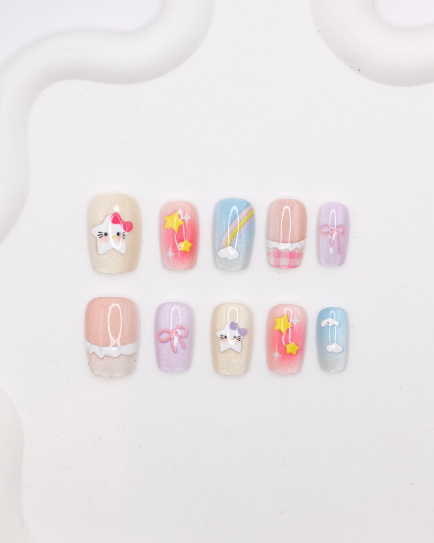 Short Coffin Colorful Pink & Blue Hello Kitty Press On Nails