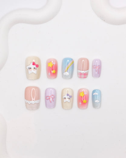 Short Coffin Colorful Pink & Blue Hello Kitty Press On Nails