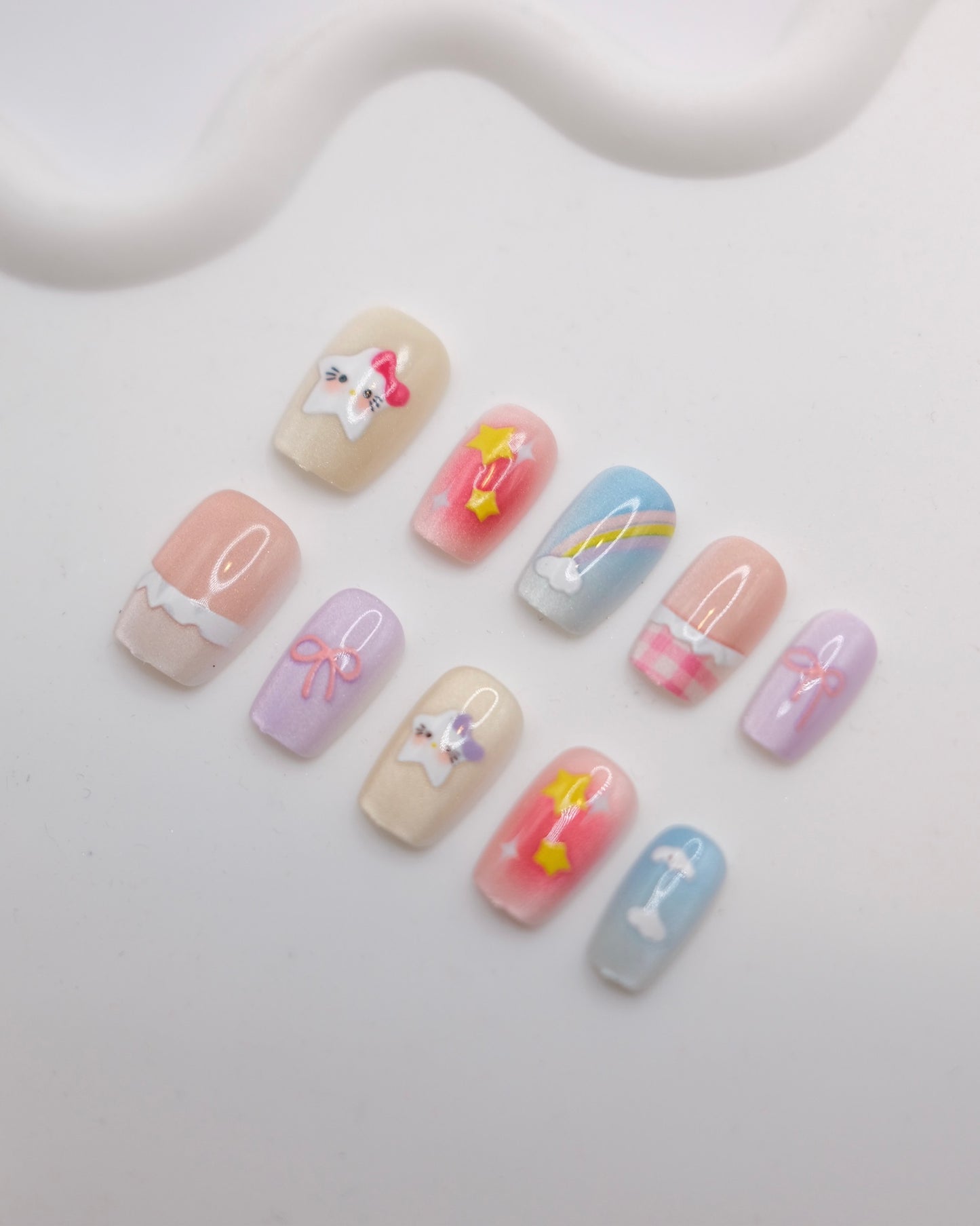 Short Coffin Colorful Pink & Blue Hello Kitty Press On Nails