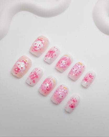 Short Coffin Pink & White Anime Hello Kitty Press On Nails