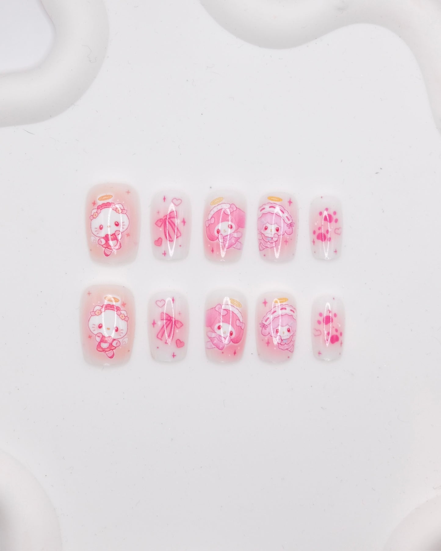 Short Coffin Pink & White Anime Hello Kitty Press On Nails
