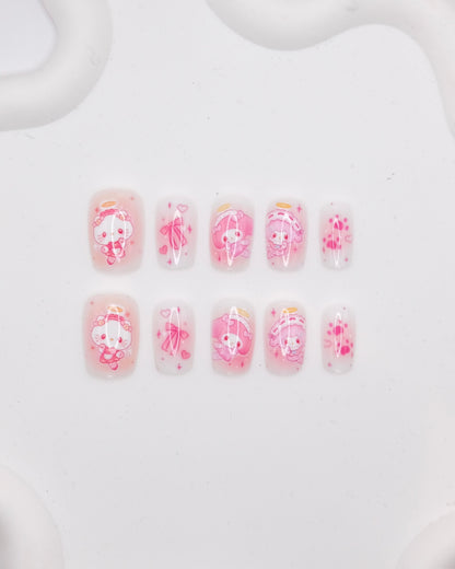 Short Coffin Pink & White Anime Hello Kitty Press On Nails