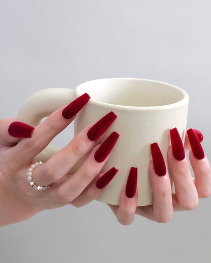 Extra Long Coffin Red Velvet Press On Nails