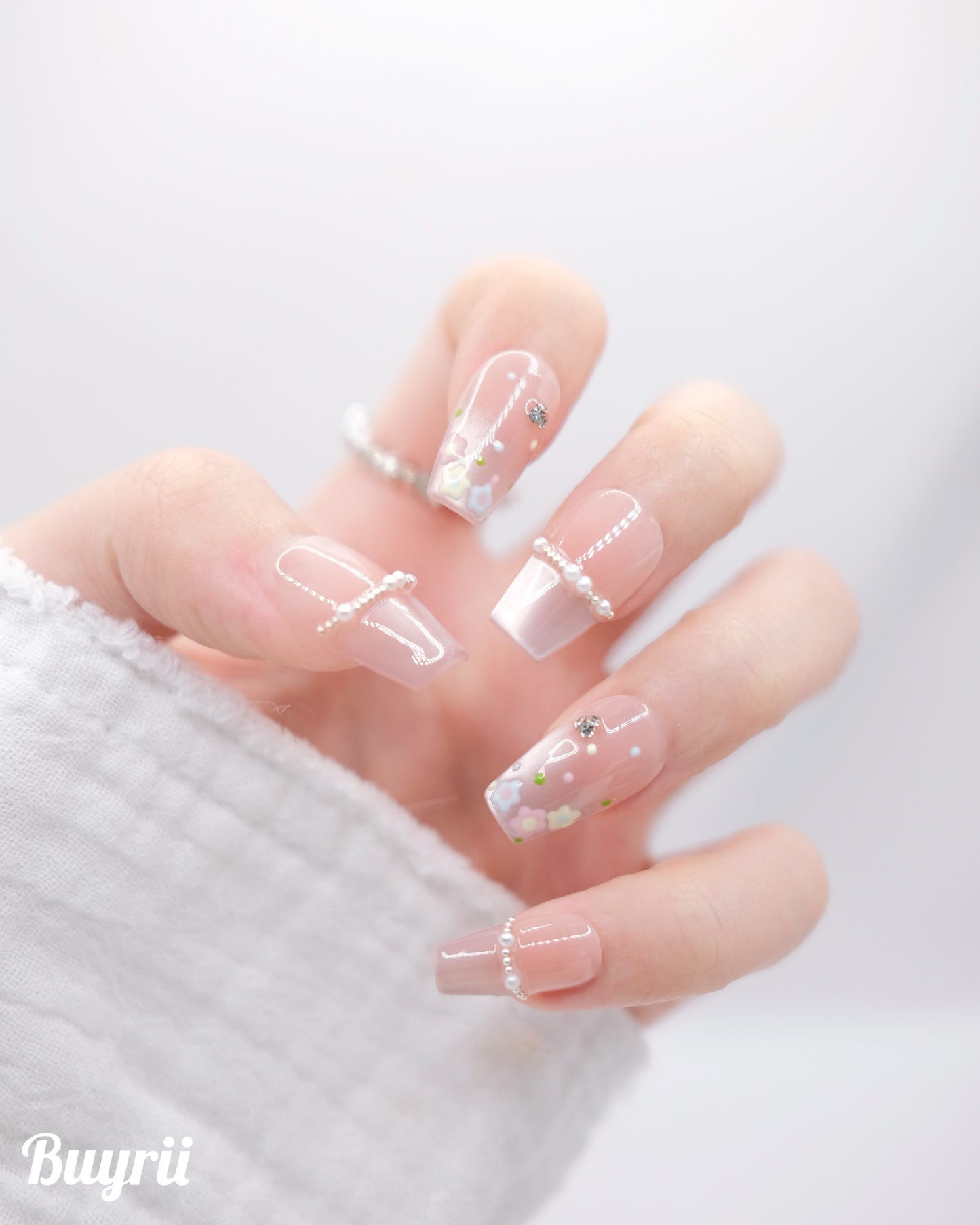 Mid-Long Coffin Pink Cateye Butterfly Press On Nails