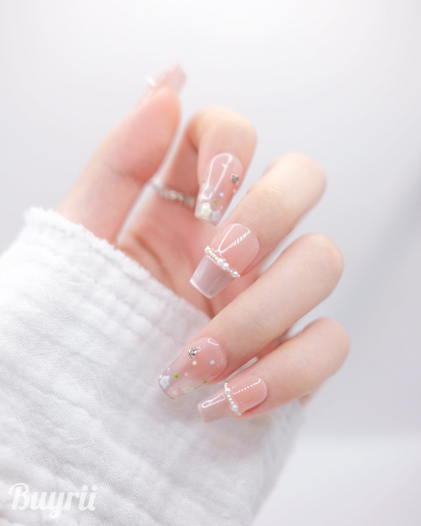 Mid-Long Coffin Pink Cateye French Manicure Press On Nails