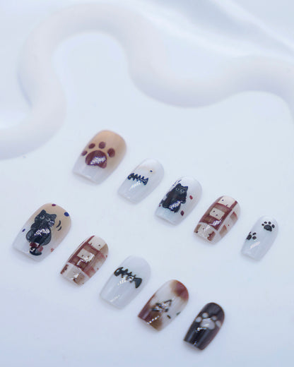 Short Coffin Cateye Brown & White Embossed Cat Press On Nails