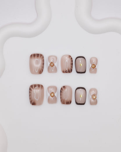 Short Coffin Nude Color Cateye With Diamond Press On Nails