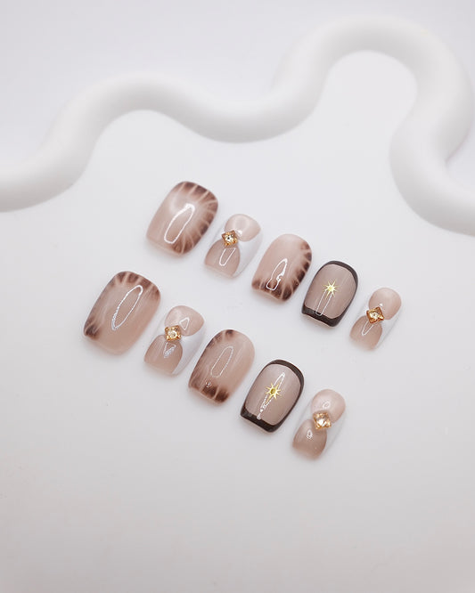 Short Coffin Nude Color Cateye With Diamond Press On Nails