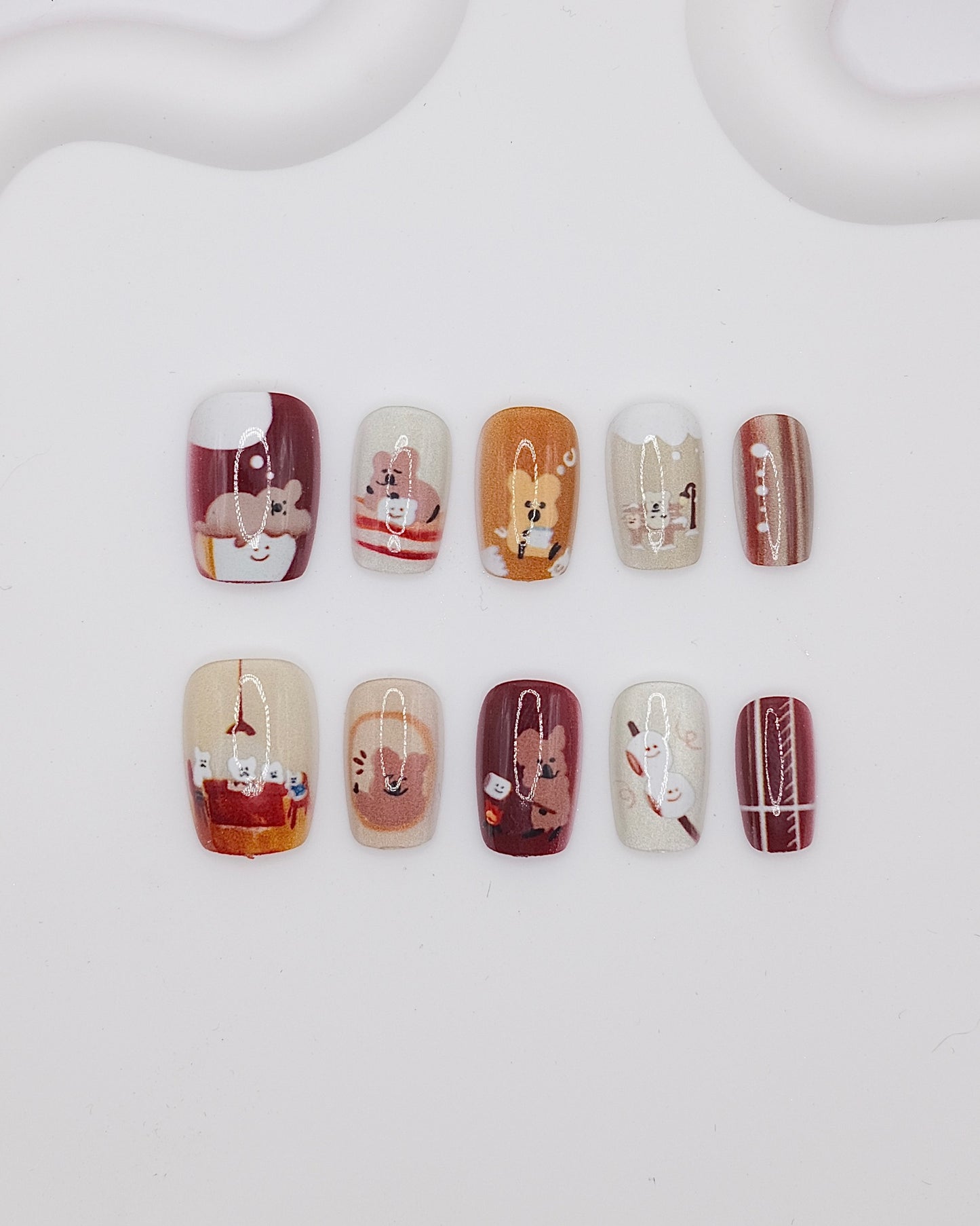 Short Coffin Brown Caramel Cute Puppy Press On Nails