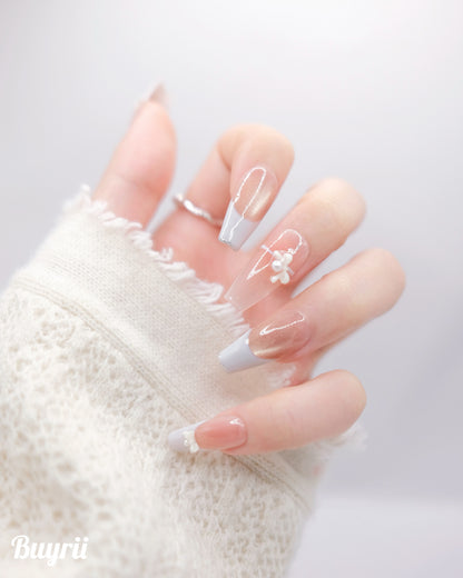 Long Coffin Pink & Light Blue French Manicure Bowtie Press On Nails