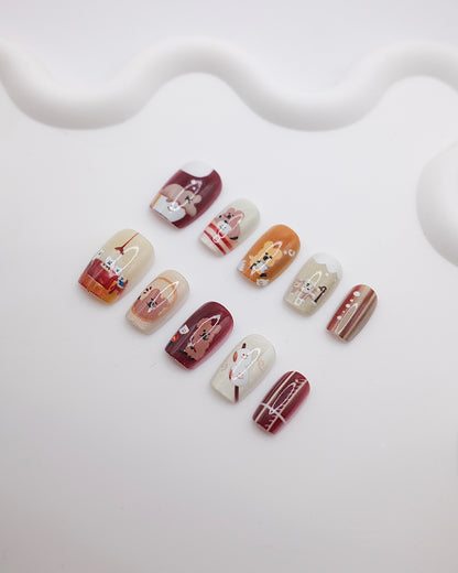 Short Coffin Brown Caramel Cute Puppy Press On Nails