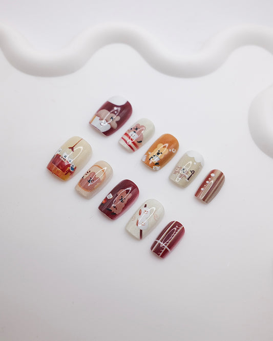 Short Coffin Brown Caramel Cute Puppy Press On Nails