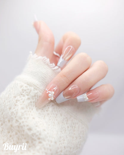 Long Coffin Pink & Light Blue French Manicure Bowtie Press On Nails