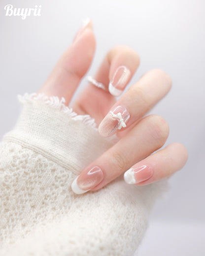 Long Coffin Pink & Light Blue French Manicure Bowtie Press On Nails