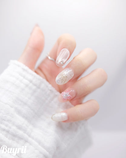 Mid-Long Oval Pink & White Flower & Diamond Press On Nails