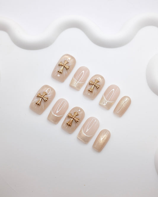 Mid-Long Coffin Nude Cateye Holy Cross Press On Nails