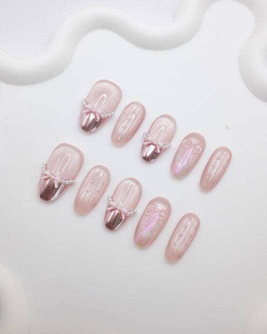 Mid-Long Almond Purple Bowtie French Manicure Press On Nails