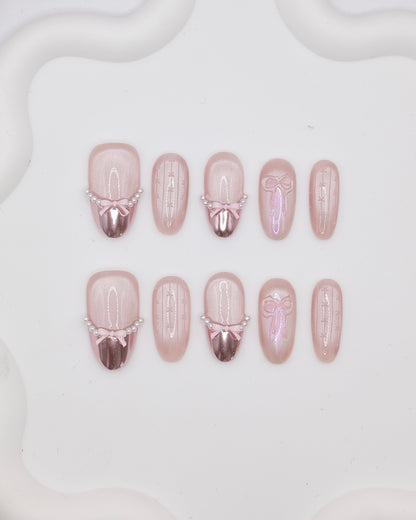 Mid-Long Almond Purple Bowtie French Manicure Press On Nails