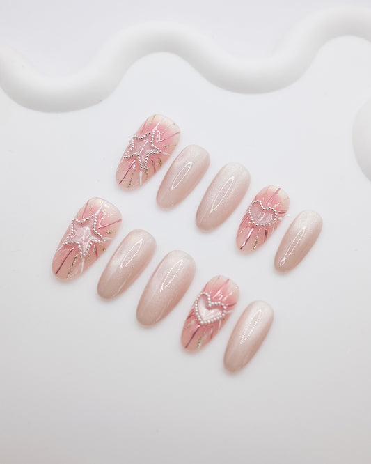Long Almond 2026 Valentine's Day Limited Pinky Star Press On Nails