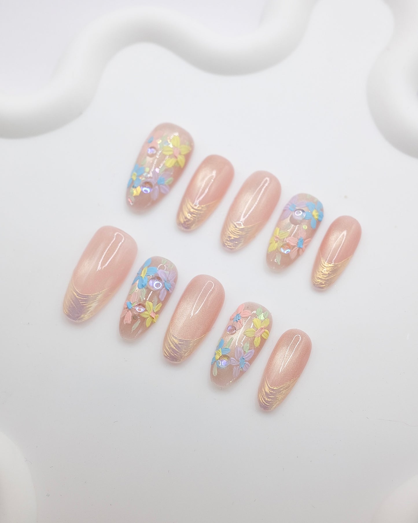 Long Almond Pink Base & Colorful Flower Press On Nails